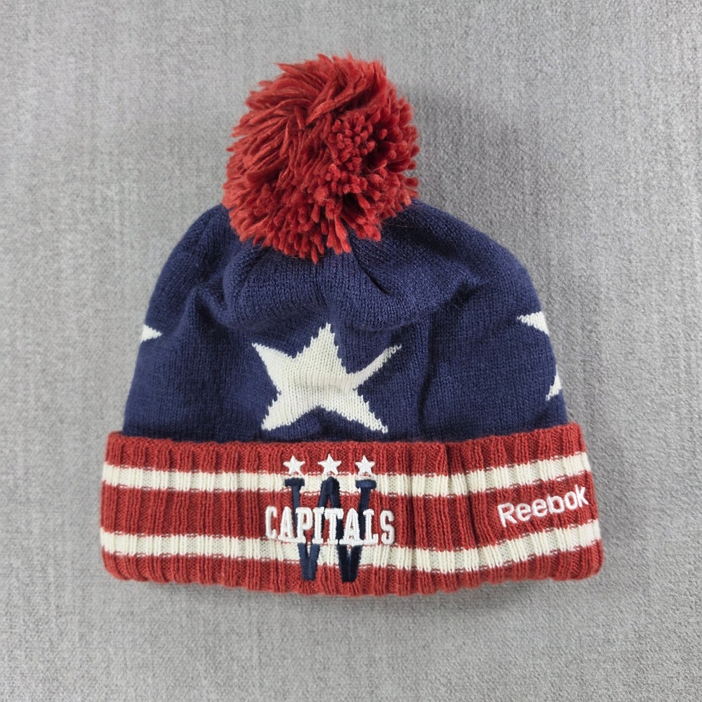 Reebok Beanie Unisex‎ OS Navy Washington Capitals Stars Stripes Pom Knit Hat